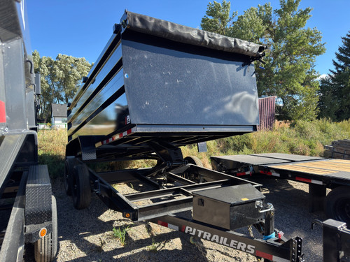 P.J. Trailers 2027 D7 83"X14' Scissor Dump Trailer | Tandem Axle 14K, 6" Channel, 48" Sides, Spreader Gate, Scissor Lift, Tarp Kit, Slide In Ramps