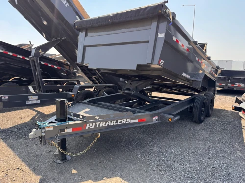 P.J. Trailers 2027 DM 83"X16' Low Profile Dump Trailer | Tandem Axle 14K, 36" Tall Sides, 7 GA Floors, Hydraulic Jack, Locking Box, 2 Way Spreader Gate, Slide In Ramps