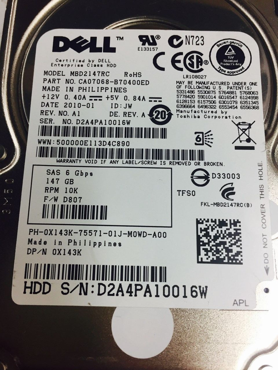 DELL X143K 146GB SAS 10K 2.5 6GBPS MBD2147RC