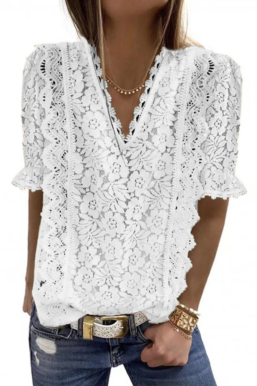All over Lace V-neck Blouse with 3/4 Sleeves in White - BTR - BEYOND ...