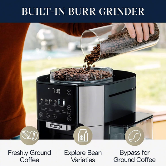DeLonghi TrueBrew Drip Coffee Maker : Built-in Conical Burr Grinder: The built-in burr grinder perfectly grinds fresh beans for a quality cup of coffee, every time.