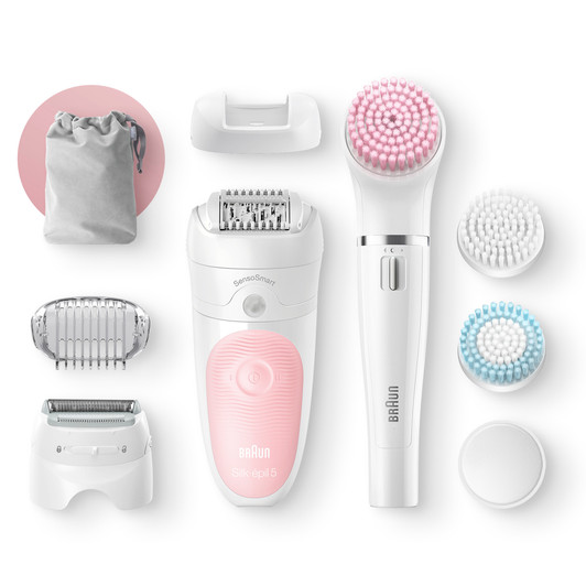 Introducing the Beauty Set 5, the starter 5-in-1 hair removal & beauty set for face and body. Epilate, shave, trim, cleanse, exfoliate and apply creams and makeup. 1x body exfoliation brush attachment removes dead skin cells, to prevent ingrown hairs. Epilator removes 4x shorter hair than wax for up to 4 weeks of smooth skin. Includes a shaver & trimmer attachment for hair removal in sensitive areas. 3x facial brush attachments to cleanse and exfoliate. Cordless use up to 30 mins. 100% wet and dry. Use in the bath or shower to reduce discomfort. Epilation is virtually painless with regular use.