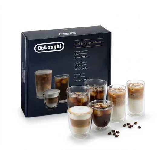 Découvrez le coffret ultime pour tous les amateurs de café : la collection Hot & Cold de DeLonghi. Conçu pour sublimer aussi bien vos boissons chaudes que vos créations glacées, cet ensemble associe design italien, performance thermique et artisanat d'exceptionPoints forts du produitPolyvalence parfaite (Chaud & Froid) : Comprend 3 formats adaptés à chaque boisson :2 verres à cappuccino (270 ml)   2 verres à cold brew (300 ml)   2 verres thermiques grands formats (480 ml) 