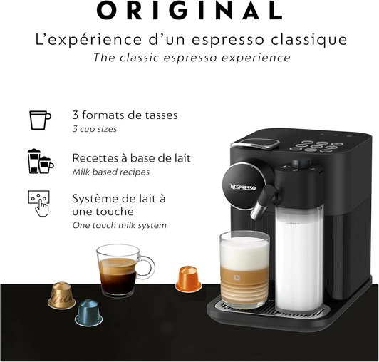 espresso Original offers an unforgettable taste through iconic espressos and exceptional coffee discoveries.
Nespresso Lattissima offers indulgent milk-based beverages at the touch of a button.