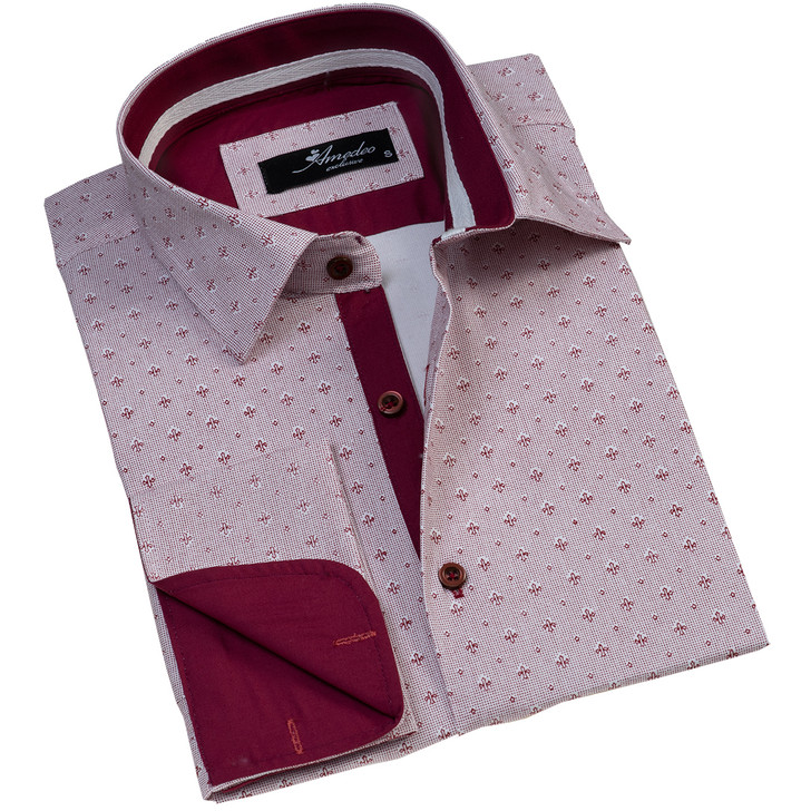 Amedeo Long Sleeve Button Up Solid Burgundy Pattern French Cuff Shirt
