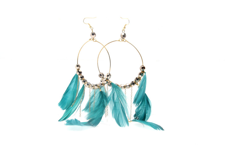 Feather Hoop Earrings In Teal