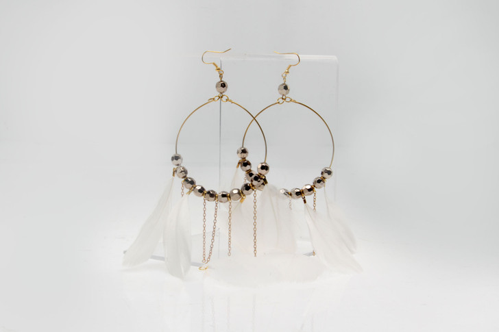 Feather Hoop Earrings In White