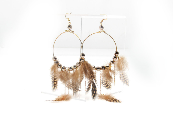 Printed Feather Hoop Earrings In Sand