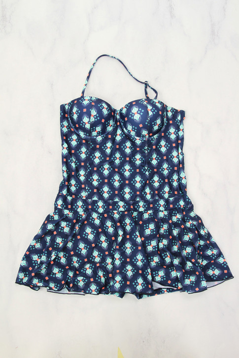 Vintage Ruffle Skirt Swimsuit in Navy and Turquoise