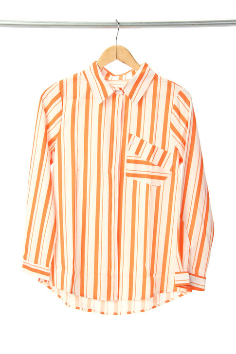 Striped Chest Pocket Button Down Blouse in White and Orange