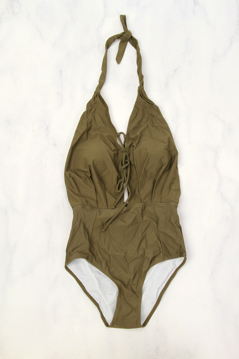 Halter Neck Lace up Swimsuit in Khaki Green