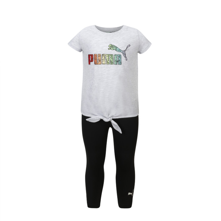 Puma Girls Two Piece Short Sleeve Jersey Tee & Capri Legging Set - White & Black