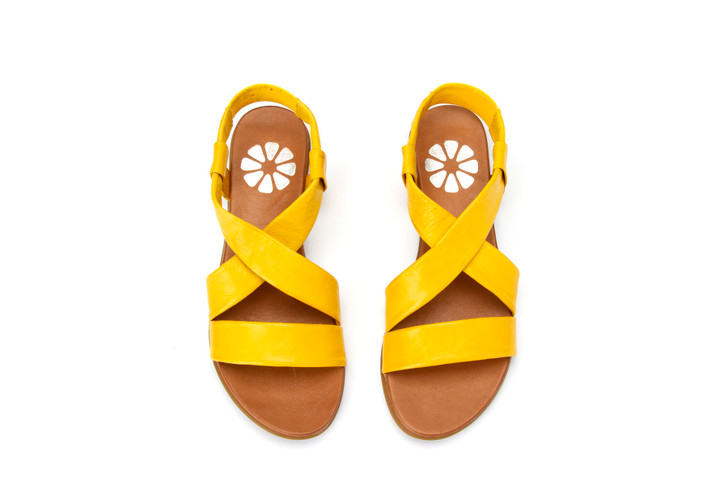 Orenge Leather Slide with Thick Straps in yellow