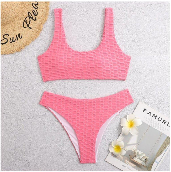 Ladies Textured 2 Piece High Cut Bikini Set - Coral