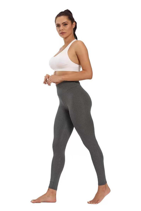 Ladies High Waisted Solid Knit Leggings with Ruched Butt Detail - Charcoal Grey