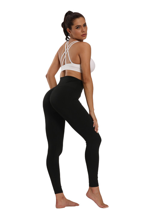 Ladies High Waistted Solid Knit Leggings with Ruched Butt Detail - Jet Black (Leggings taille haute en tricot solide avec fesses froncées)