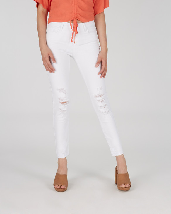 Ladies Vienna Crop Mid Rise Skinny Jeans with Fray Hem - White