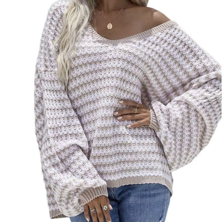 Stripped Knit Oversized Puff Sleeve Sweater Top - Beige