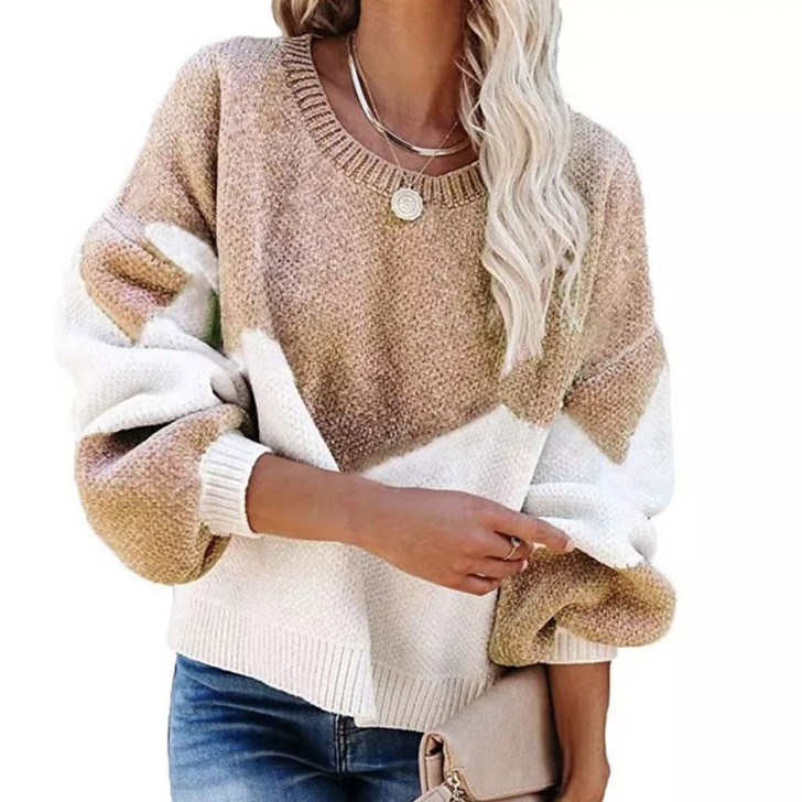 Color Block Knit Sweater Top - Beige