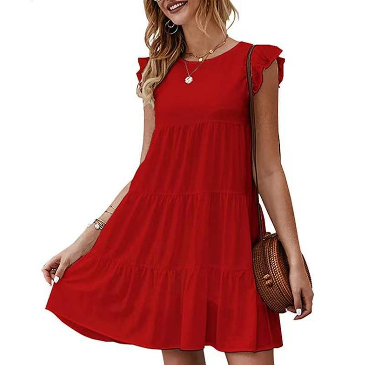 Ruffle Sleeve Swing Dress  in Red