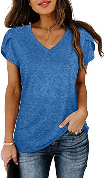 V-Neck Tee with Pucker Sleeve Details on Shoulder in Blue