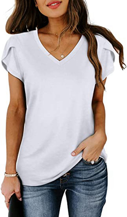 V-Neck Tee with Pucker Sleeve Details on Shoulder in White