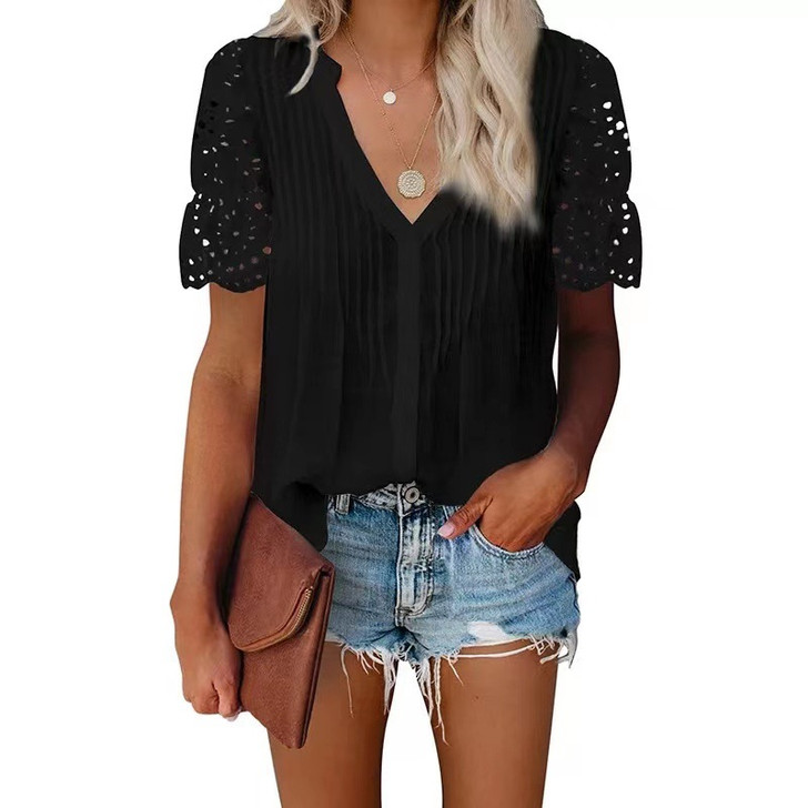 Elbow Sleeve Lace Detail Button Up Blouse in Black