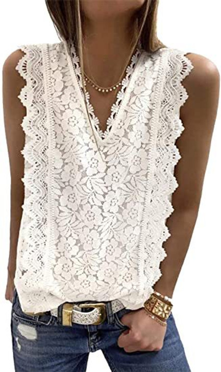 Sleeveless Lace V-neck top in White