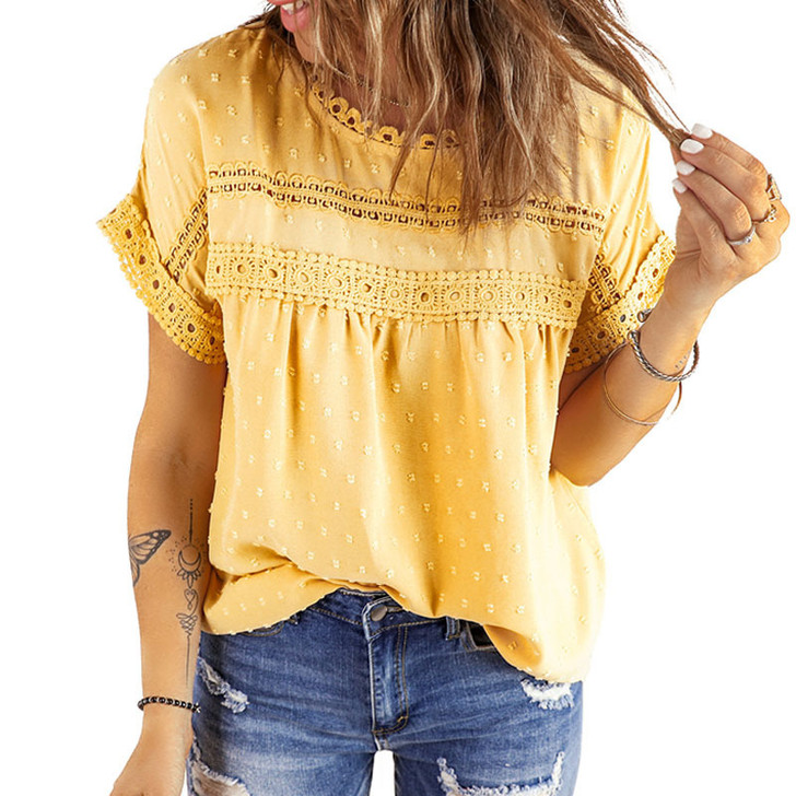 Short Sleeve Blouse with Eyelet ribbon Detail in Yellow