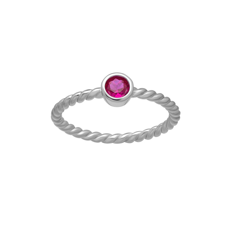 Silvertone Twisted CZ July Birthstone Ruby Red Solitaire Ring