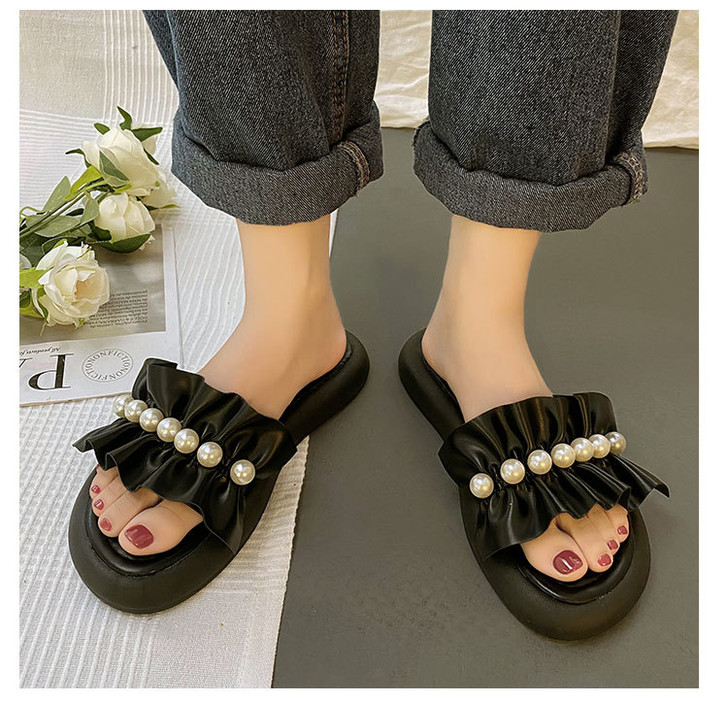 Vegan Leather Slip on Sandal with Ruffle and Pearl Band in Black