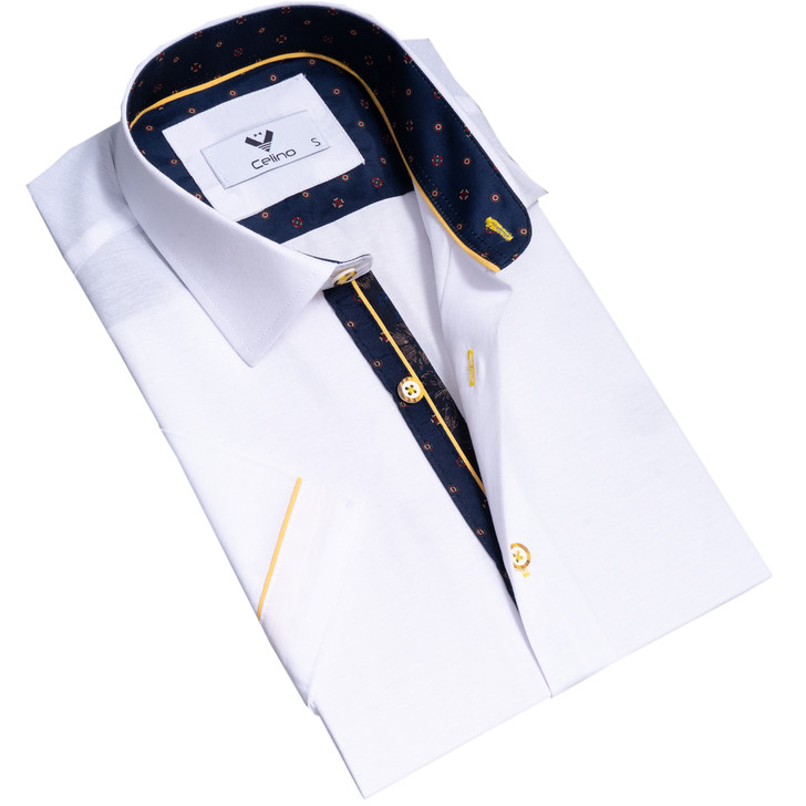 Celino Premium Quality Short Sleeve Shirt-White with Blue and Yellow-CESS1103-BTR