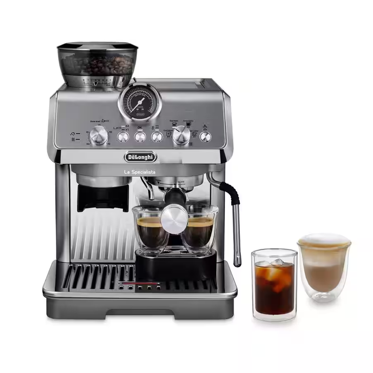 DeLonghi La Specialista Arte Evo : Craft your favorite espresso drinks with the built-in burr grinder with 8 precise grind settings and four beverage pre-sets – espresso, Americano, hot water – and now cold brew