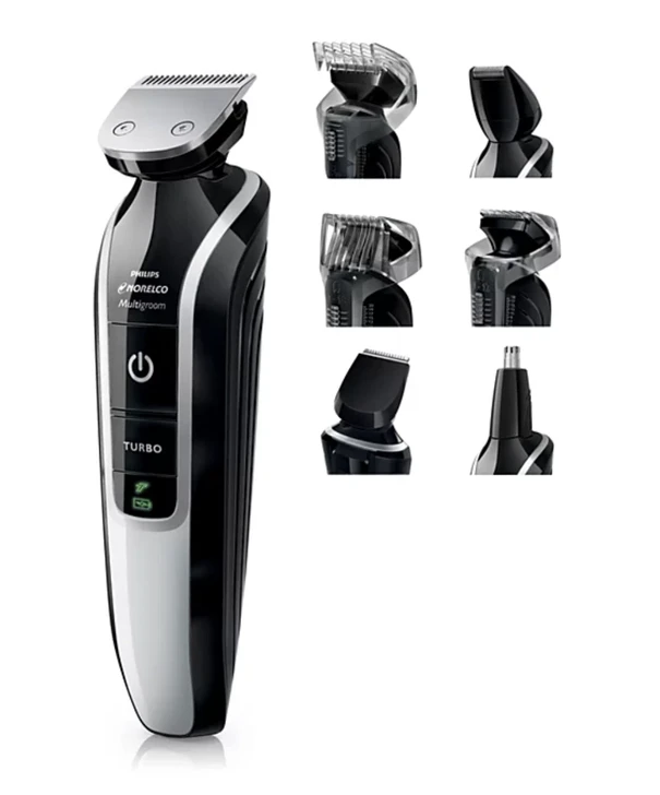 All-in-one face and head grooming kit includes a full-size metal trimmer, 21mm detail trimmer, mini foil shaver, nose/ear trimmer, beard comb, stubble comb, and hair clipping comb for complete styling versatility.