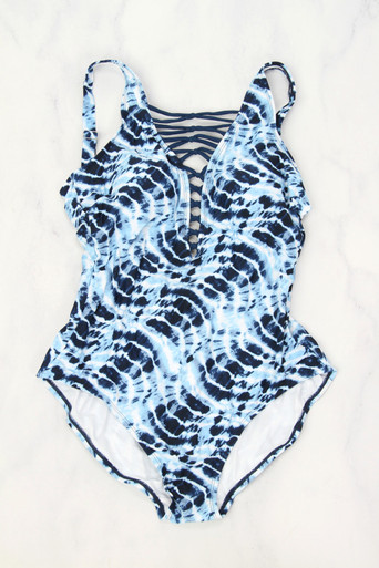 Ink Cross Lace Swimsuit in Navy Blue and White - BTR - BEYOND THE RACK