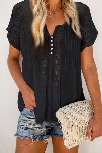 Short Sleeve Blouse with Eyelet and Pucker Detail in Black - BTR ...