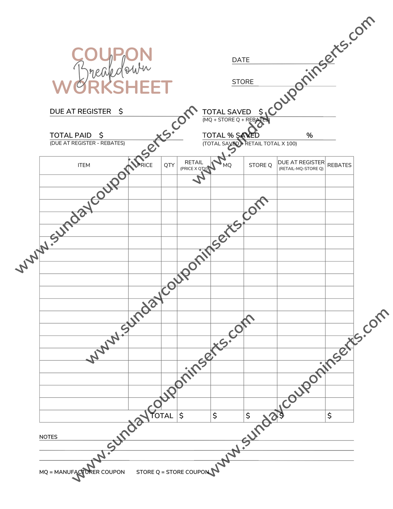 Coupon Breakdown Worksheet Instant Download Sunday Coupon Inserts