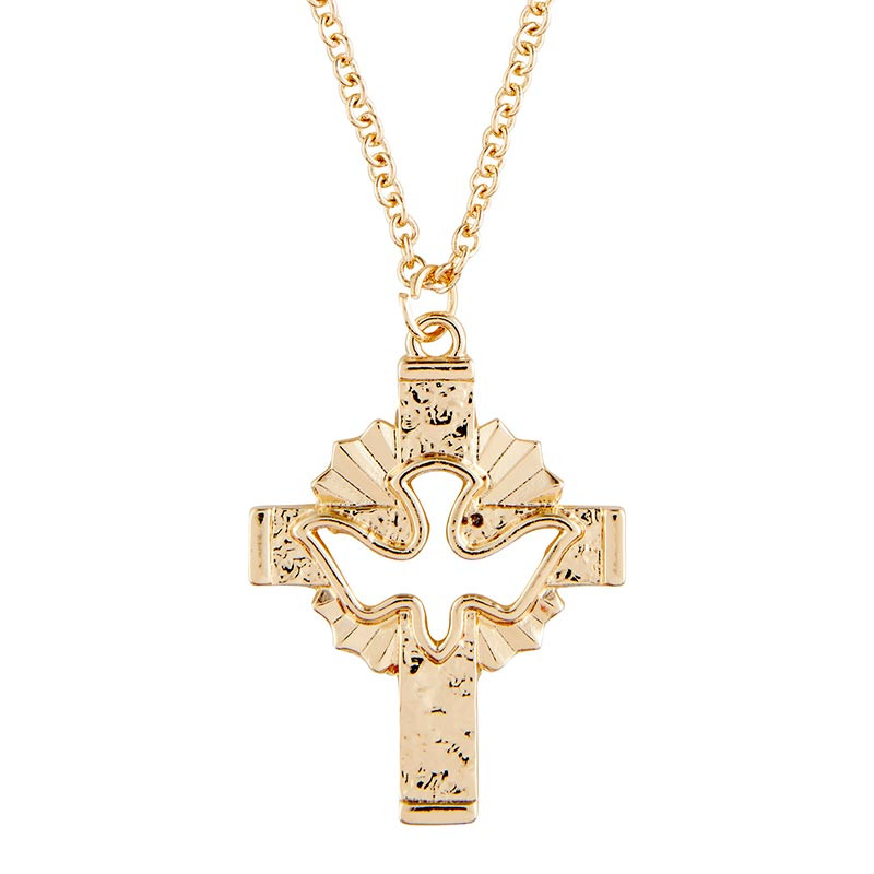 Cut-Out Dove with Rays Cross Necklace 