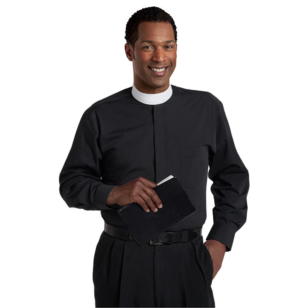 Long Sleeve Banded Collar Clergy Shirt - Black