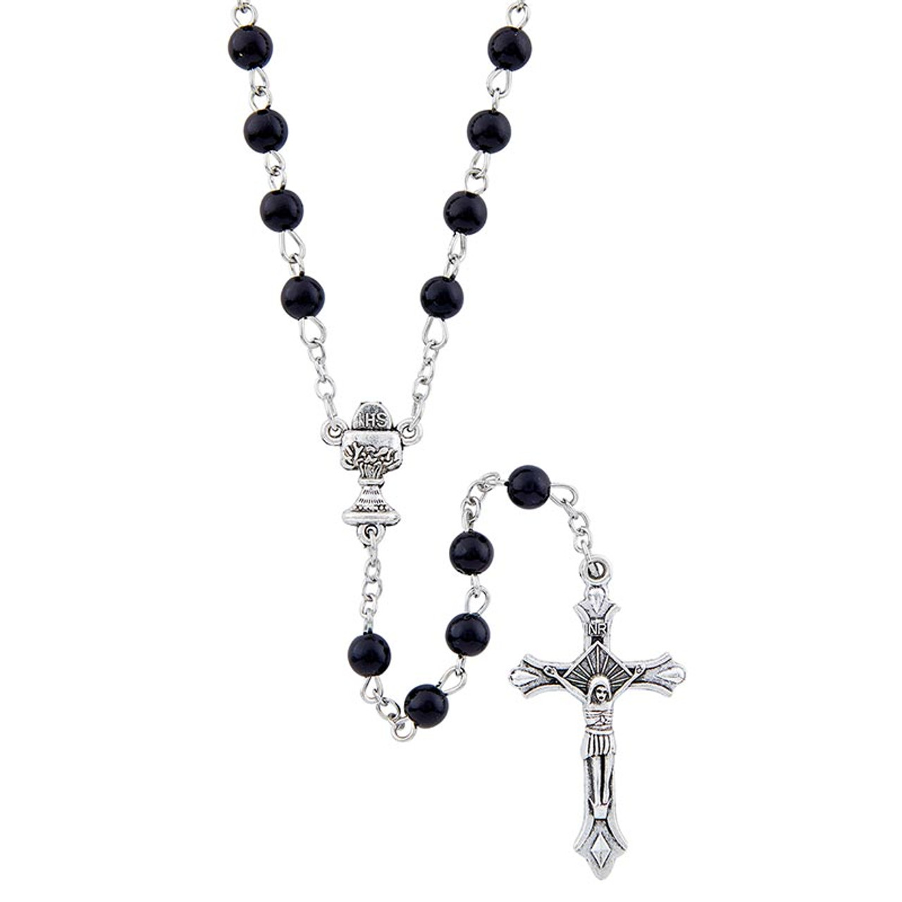 Mcvan R559HF 4 x 6 mm Holy Mass Crucifix Cross Rosary Set - Black