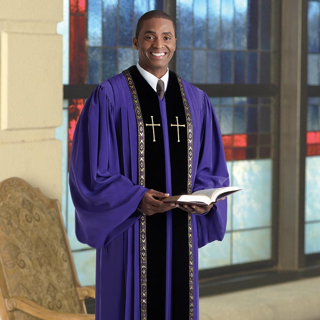 RT Wesley Purple Pulpit Robe with Gold Metallic Piping and Cross -  [Consumer]Autom