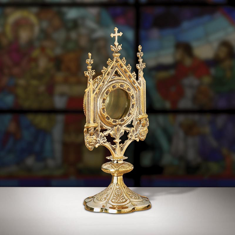 Catholic Church Brass Ornate Cross Reliquary With Feet – 6.5 Inches, Engraved Base