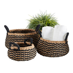 Black Stripe Round Basket with Handle Set
