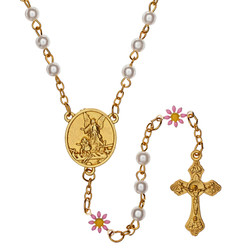 Imit. Pearl Daisy Guardian Angel Rosary - 10/pk