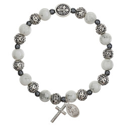 White Divine Mercy Bali Bead Rosary Bracelet - 10/pk