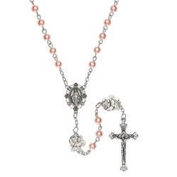 Our Lady of the Miraculous Rose Pink Pearl Rosary - 10/pk