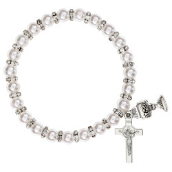 First Communion White Pearl and Crystal Rondelle Bracelet - 12/pk