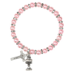 First Communion Pink Pearl and Crystal Rondelle Bracelet - 12/pk