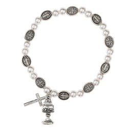 White St. Benedict First Communion Pearl Rosary Bracelet - 12/pk