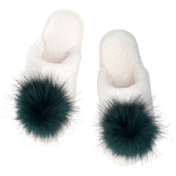 Plush Pom Pom Slippers - Ivory + Forest Green Pom Pom